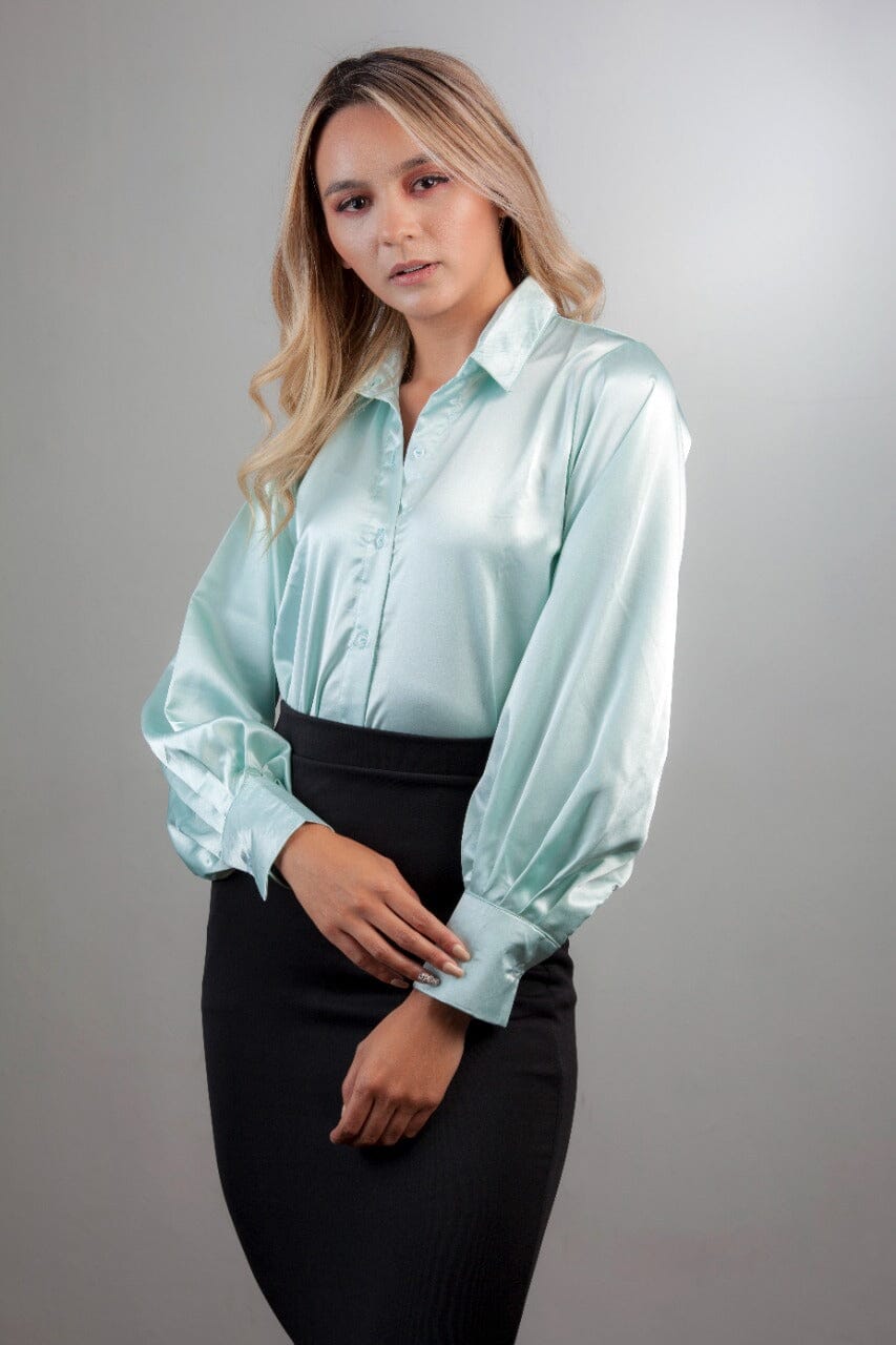 Camisa Elegante de Manga Globo Camisas Emporium Daris Co XS Verde Menta 