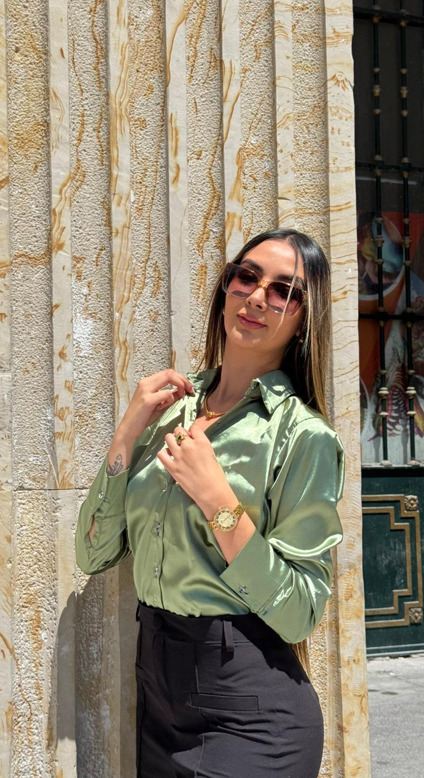 Camisa Elegante  Verde Hoja Seca Mujer
